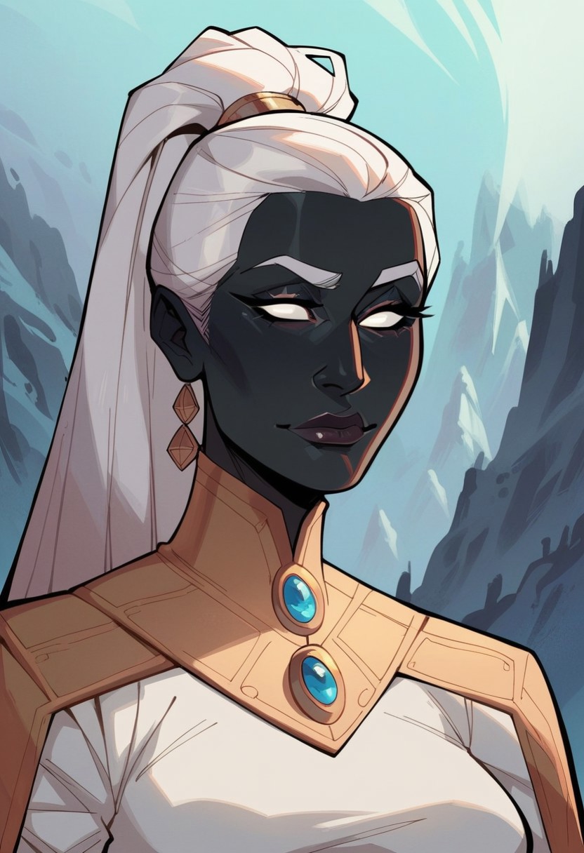 score_9, score_8_up, score_8, score_7_up, score_7, score_6_up, score_6, score_5_up, Score_5,human female, obsidian black skin, onyx black skin, round eyes, white eyes, small eyes, beautiful face, aesthetic face, narrow face, narrow nose, long nose, round ears, white eyebrows, long white hair, high ponytail, very tall, curvy, elegant, royal, aristocratic, majestic, chin up, seductive smile, slender. Silver jewelries. White jewelries. Blue jewelries. Lots of jewelries. White bracers, tight white dress,, vox machine style, 1girl, female focus, solo, portrait,   background of snow-covered landscape, fantasy, (dynamic lighting:1.1)
((masterpiece))