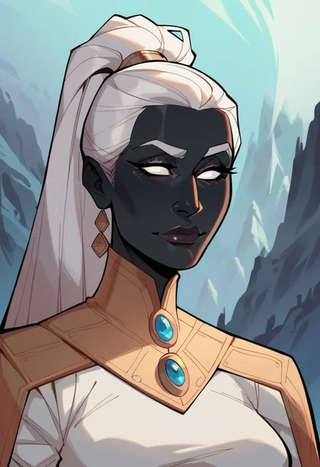 score_9, score_8_up, score_8, score_7_up, score_7, score_6_up, score_6, score_5_up, Score_5,human female, obsidian black skin, onyx black skin, round eyes, white eyes, small eyes, beautiful face, aesthetic face, narrow face, narrow nose, long nose, round ears, white eyebrows, long white hair, high ponytail, very tall, curvy, elegant, royal, aristocratic, majestic, chin up, seductive smile, slender. Silver jewelries. White jewelries. Blue jewelries. Lots of jewelries. White bracers, tight white dress,, vox machine style, 1girl, female focus, solo, portrait, background of snow-covered landscape, fantasy, (dynamic lighting:1.1)
((masterpiece))