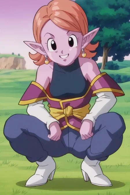 source_anime, score_9, score_8_up, score_7_up, anime screencap,8k, absurdres, 
chronoa, potara earrings, orange hair, pointy ears, black eyes, colored skin, purple skin,
bare shoulders, potara earrings, off shoulder, detached sleeves, white sleeves, purple tunic, sleeveless turtleneck leotard, kai tunic, blue pants, high heel boots, white footwear, 
squatting, pointing at viewer, grass, tree, smile teeth, from below, official style, 
 <lora:chronoa_pony_v1:0.8>