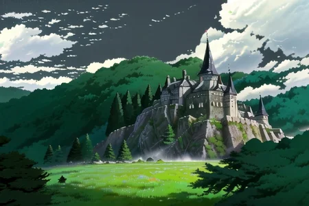 In a fantasy world, in ghibli style. On the grass near the edge of a forest. The grass is wild and unkempt. Clumps of tall pampas grass blow in the breeze. The forest is tall and ancient. The trees are some type of tall oak with massive trunks. The leaves are turning color, but most are still green. Under the trees it is dark, overgrown with thorns and small pale trees. Old spiderwebs hang from the trees. A misty fog is under the canopy and rises in misty tendrils above the forest. In the background, far into the forest, a lone tall mountain rises, it's middle lost in clouds. Above the clouds, high into the sky, the top of the mountain rises. On the top of the mountain is a dark stone castle with tall pointed towers and rising tiers inside. The castle is elegant, but dark and sinister. The air around the castle looks darker, a trick of the light, or magic.