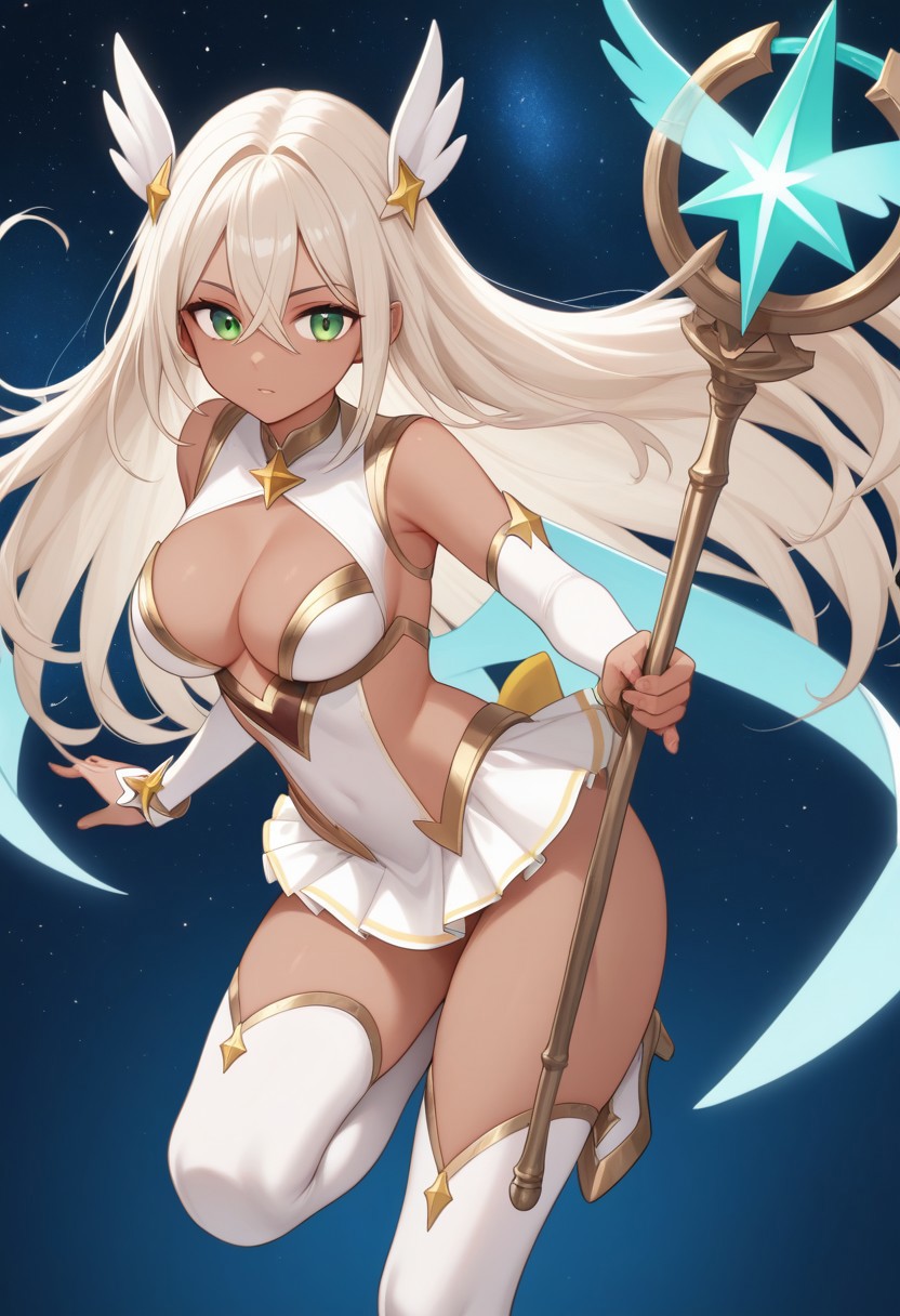 score_9, XeraChan, dark skinned female, magical girl outfit, magical power, flying in space, staff weapon