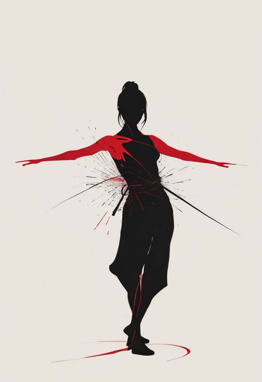 Split Diopter style, Closeup, Split, fight stance, drunken fist, high kick, An Abstract surreal n Abstract surreal colorful simple painted black Ninja standing at a cliff with extreme Long Hair throughout the frame, katana, red Blood Splash, Blood fountain, made of lines, vertical lines, horizontal lines, Portrait Made of intertwining snakes, weaving over and under each other throughout the frame, emphasis effect, moire effect, awash in colorful shades, seamlessly extends the lines,