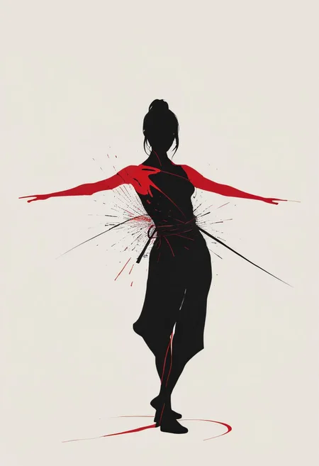 Split Diopter style, Closeup, Split, fight stance, drunken fist, high kick, An Abstract surreal n Abstract surreal colorful simple painted black Ninja standing at a cliff with extreme Long Hair throughout the frame, katana, red Blood Splash, Blood fountain, made of lines, vertical lines, horizontal lines, Portrait Made of intertwining snakes, weaving over and under each other throughout the frame, emphasis effect, moire effect, awash in colorful shades, seamlessly extends the lines,