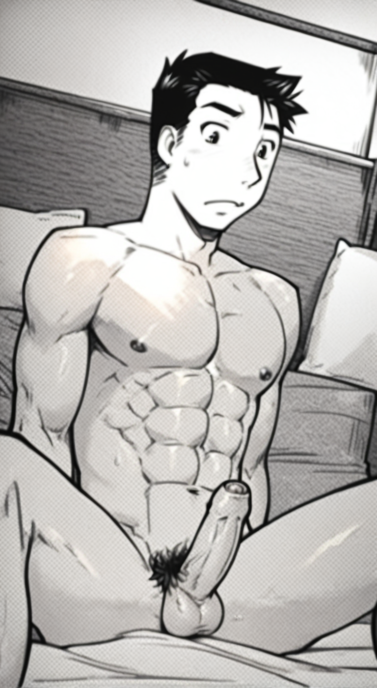 score_9, score_8_up, score_7_up, anime_source, official artstyle, anime screencap, highly detailed, 1boy, perfect composition, good shading, male focus, 1boy, solo, indoors, bedroom, bed,((completely naked)), ((completely nude)), akishima boy, black hair, short hair, sitting on bed, abs, pectorals, bare chest, bare upper body, shirtless, legs apart, frontal view, monochrome, bare lower body, testicles, pubes, foreskin, erect penis, erection, embarassed