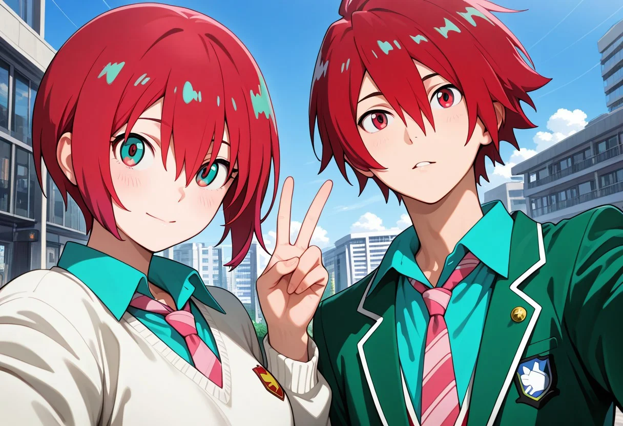 masterpiece, best quality, amazing quality, absurdres, newest, detailed background, definition so sharp, Ultra-HD, 8K cinematic, very awa, impressionate, amazing quality, highres,
duo, couple focus, different high, different size, side by side, v, selfie, upper body, day, blue sky, outdoor,
BREAK
(1boy, kagayakibishounen, takuto_red eyes, takuto,red hair, short hair, takuto_school uniform, green blazer, white collared shirt, pink tie),
BREAK
(1girl, amate yuzuriha,aqua shirt,striped necktie,white sweater,),
