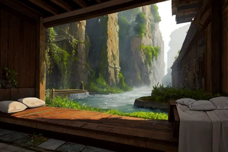 highly insanely detailed, masterpiece, top quality, best quality, highres, 4k, 8k, RAW photo, (very aesthetic, beautiful and aesthetic),
Ancient Roman Interior Design,RomInt,ancient_roman_bedroom,bed,blanket,ancient_roman_bathroom,Balneum,
<lora:RomanInterior-10:0.6>,
(1girl:1.3),
1other,
,
,
,
Valley,Neolithic_architecture,Village,creek,National_Park,a serene hidden valley, with a clear river running through it, abundant wildlife, a feeling of being untouched by time,wisps of smoke,fog,dense_fog,foggy,mist,misty,thick mist,
,âââ