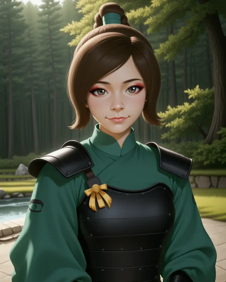 Semi-Realistic digital illustration Style in a wide shot. Looking at viewer, outdoors in daylight, 18 year old woman, Confident with a steady gaze, chin lifted, and a subtle smirk showing self-assurance.
 <lora:AirBender_-_Ty_Lee_v2-000040:1> ab-tylee, brown hair and gray-brown eyes, ponytail
black japanese armor, kyoshi white face makeup, long sleeves, green dress, golden pin through hair