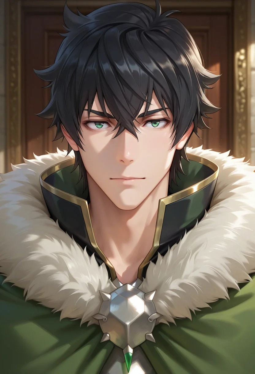 masterpiece, best quality, intricate details, (photorealistic:0.6), looking at viewer, 1boy, solo, male focus, <lora:naofumi_iwatani_ilxl:1>, naofumi_iwatani, black hair, green eyes, short hair, hair between eyes, bangs, green cape, fur trim, ,