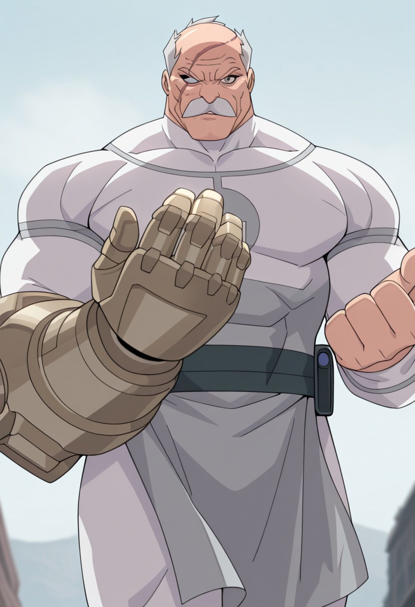 masterpiece, best quality, newest, absurdres, highres, anime, anime style, 1boy, Conquest-ISV-V1.0 old man, white hair, mustache, facial hair, scar, blind eye, single mechanical arm,