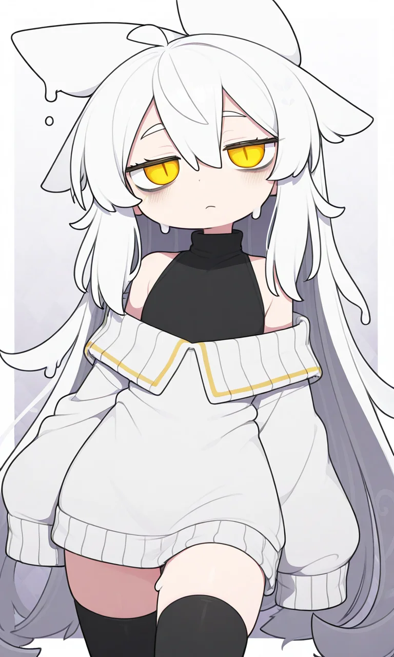 1girl, dorodra, white hair, yellow eyes, off-shoulder sweater, sleeveless turtleneck, sleeves past fingers, slit pupils, bugs under eyes, dripping, black thighhigs,