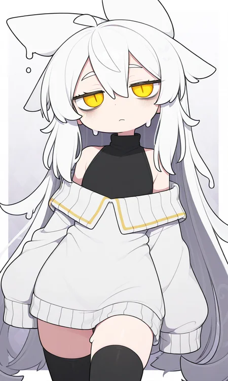 1girl, dorodra, white hair, yellow eyes, off-shoulder sweater, sleeveless turtleneck, sleeves past fingers, slit pupils, bugs under eyes, dripping, black thighhigs,