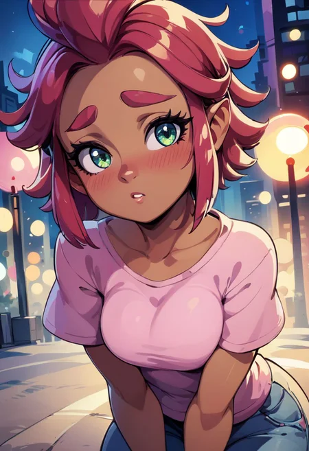 score_9, score_8_up, score_8, medium breasts, cute, eyelashes,
aaRiju, dark skin, solo, short, hair, blunt bangs, pink tshirt, short sleeves, shy, blush, :o, looking at viewer, leaning forward, tilt head, modern city lights, bokeh, night,