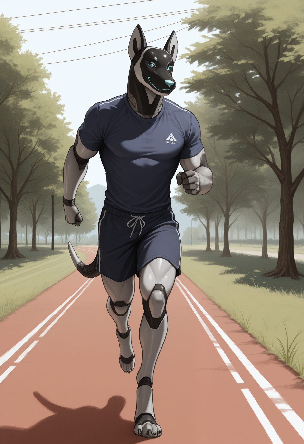masterpiece,best quality,amazing quality, 1boy, solo, 4rchi3, robot dog, muscular, anthro, outdoors, digitigrade, shirt, shorts, mechanical dog tail, jogging,