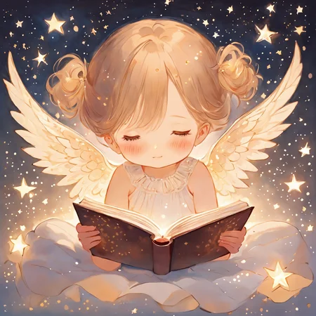 shojo. painting of a small winged girl reading a book that illuminates soft light, flying particles, stars on the background, childlike wonder, detailed, intricate, modern visual book artstyle, surreal,. manga, romantic themes, delicate art style, emotional narratives,