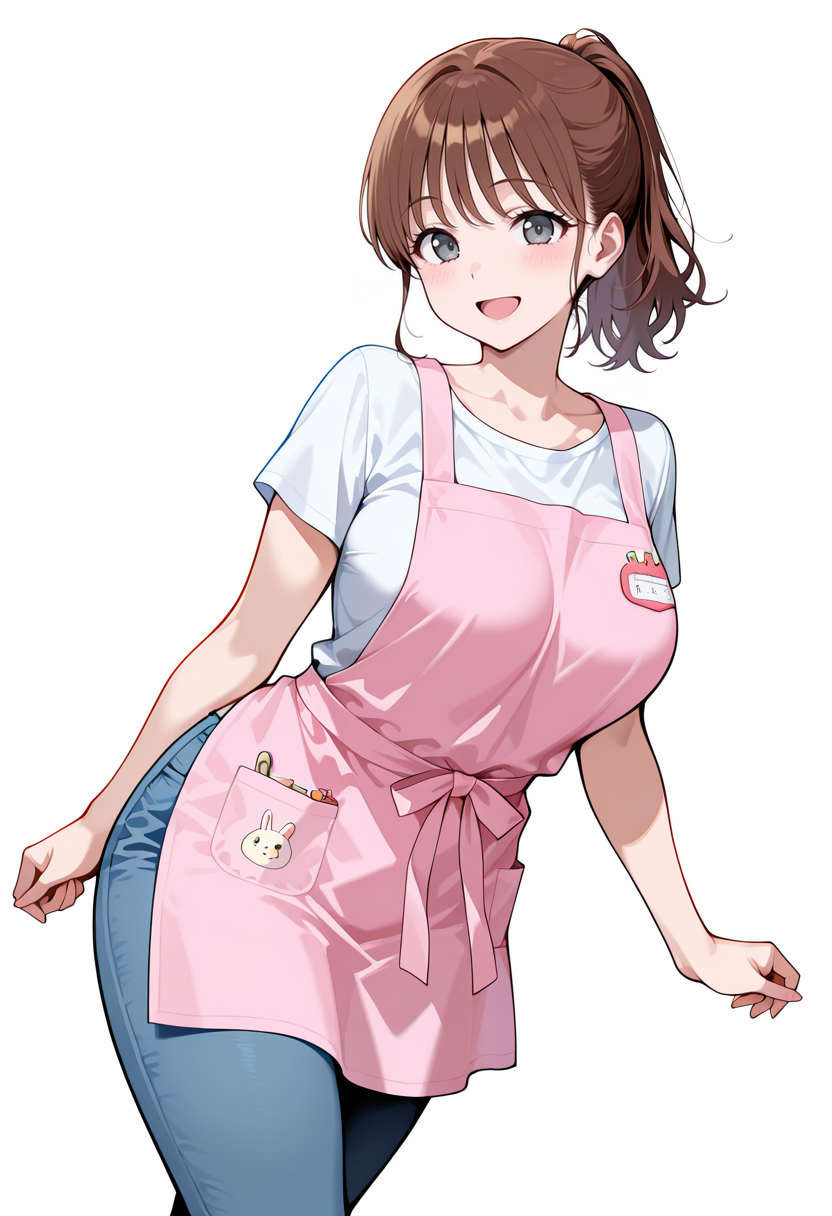 best quality, amazing quality cowboy shot, simple background,((outlined outlined vector graphics)), simple background, cowboy shot, simple background, white background,
1girl, 20yo, brown hair, gray eyes, (large breast:1), (ponytail:1.1), medium hair,(curvy:1.1),bangs ,cute face, solo,
 front view ,  looking at viewer ,  looking at viewer , smile, peaceful, 
, shirt,pants, nursery teacher, nursery-teacher-apron, smile,open mouth , pinkyellow apron,  walking ,  ,  , ,
 <lora:nursery-teacher-apron-il-01:0.7>