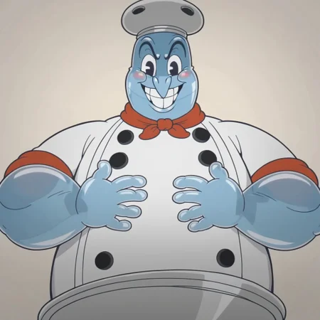 1boy, chef saltbaker, 1930s animation, salt shaker lid head, anthropomorphic salt shaker, white chef shirt, fat man, male, round body, blue skin tone, solo, round body shape, fat man body, bulky arms, four-fingered hands, large hands, thick forearms, no ears, cartoon eyes, black eyes, 4k, masterpiece, best quality, highly detailed, simple background, close up, low angle, upper body, face focus, white background, fat man, cartoon style, relaxing pose, Hands on waist