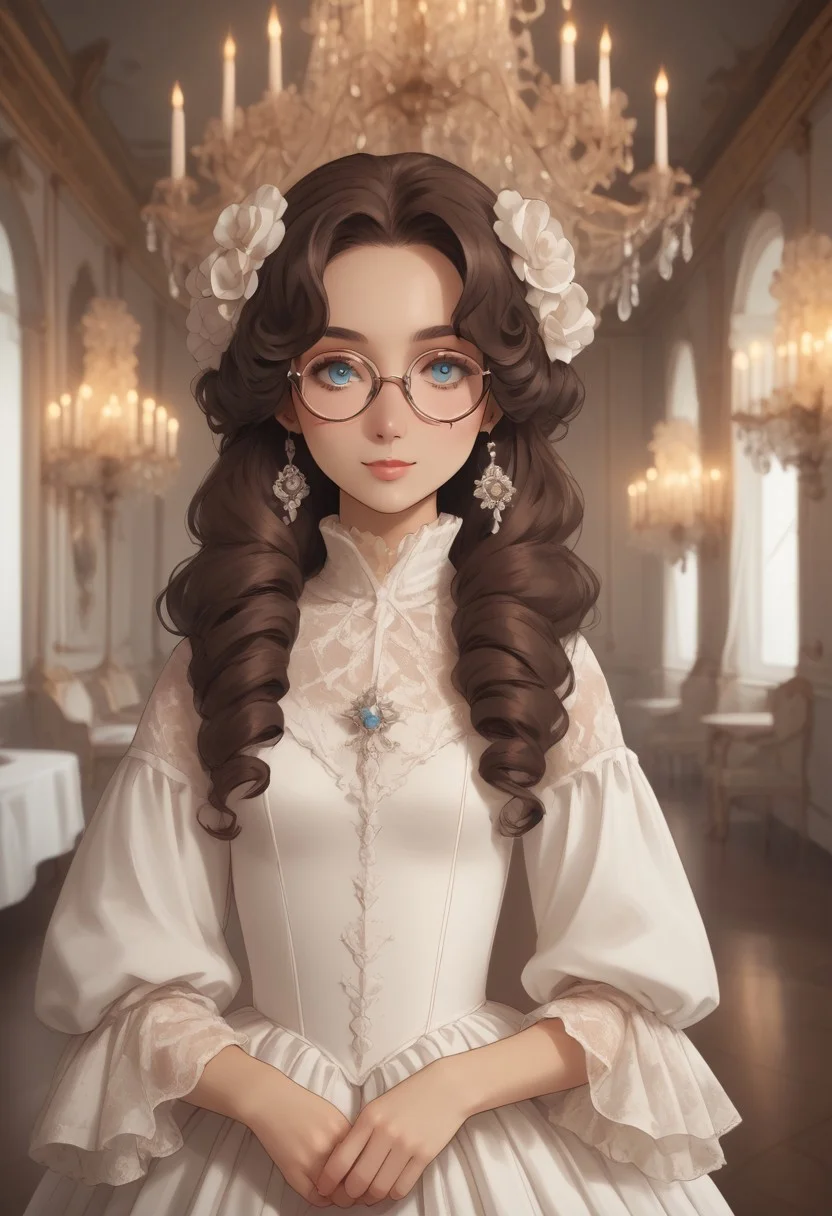 1girl, (ringlet hair), long hair, white dress, lacy dress, high neck dress, round glasses, blushing, <lora:dvr-gs:1> dvr-gs, dark brown hair, standing, small breasts, (((1800s clothes))), drill hair, curled bangs, [[[smiling]]], long hair, covered chest, light blue eyes, portrait, bust