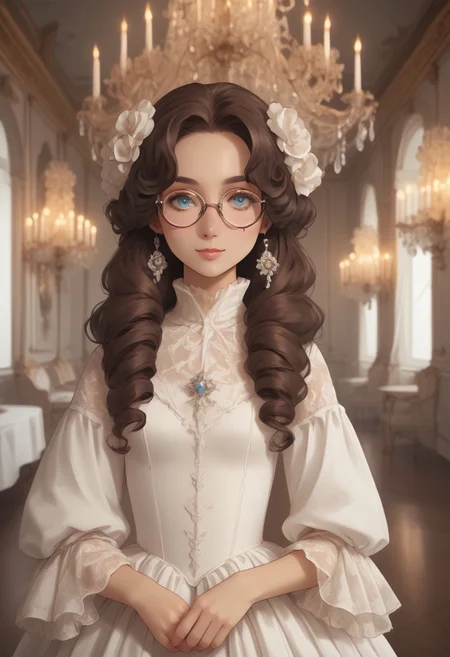 1girl, (ringlet hair), long hair, white dress, lacy dress, high neck dress, round glasses, blushing, <lora:dvr-gs:1> dvr-gs, dark brown hair, standing, small breasts, (((1800s clothes))), drill hair, curled bangs, [[[smiling]]], long hair, covered chest, light blue eyes, portrait, bust