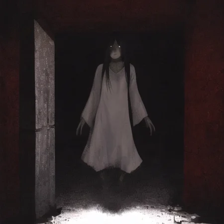 ((masterpiece)),(best quality), absurdres,sadako_yamamura,red eyes, white dress,<lora:Sadakobest:0.8>,  <lora:death2HorrorLocon_v10:0.7>,horror (theme),dark, 1girl,night, dark, vanishing point,