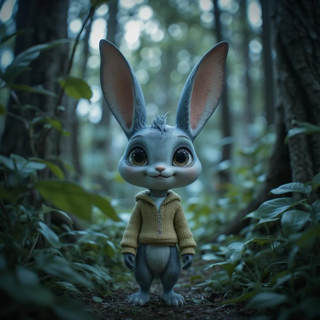 <lora:Cute_Collectibles.safetensors:1>
The scene abruptly shifts from the serene, almost ethereal forest to a hauntingly somber atmosphere as a dramatic 'Game Over' screen overlays the landscape. The tranquil blue creature, a mix of rabbit and feline, now stands motionless, its large, expressive eyes reflecting a deep, unspoken sorrow. The creature, a 32-year-old adult with a fur texture that shimmers under the now dimmed light, wears a yellow hoodie over a beige sweater and a white shirt, a stark contrast to the newly oppressive environment.
The once soft, diffused light now seems to drain away, replaced by a cold, pallid glow that casts long, foreboding shadows through the forest. The lush greenery, which moments ago thrummed with life, now appears muted and lifeless, as if the forest itself is mourning the creature's defeat.
The creature's elongated ears, showing pinkish interiors, droop low, and a sense of finality hangs heavy in the air. The forest, once a place of peace, now feels like a silent witness to a tragedy. Memories of past triumphs and the joy of exploration flicker in the creature’s eyes, but they are quickly overshadowed by the weight of failure and the bleak realization of what has been lost.
The ground beneath the creature's feet seems to tremble, a subtle yet powerful indication of the world’s response to this dramatic turn. The air is thick with a sense of loss, and the forest, once a sanctuary, now feels like a prison, a place from which there is no escape. The creature stands alone, a silent figure in a world that has suddenly become too quiet, too still, and too final.