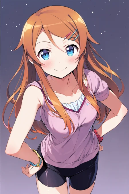 1girl, solo, long hair, kousaka kirino, hair ornament, blue eyes, smile, hand on hip, hairclip, shorts, jewelry, dress, orange hair, bracelet, star (symbol), blush, black shorts, bike shorts, looking at viewer, casual, scrunchie, <lora:Kanzaki Hiro_XL:0.8>