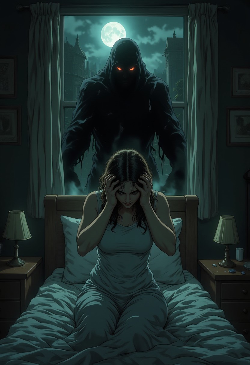 illustration, cartoon, manga, drawing, anime, egmid, 
A terrified woman sits upright in bed, clutching her head with trembling hands, as an oppressive atmosphere fills the dimly lit room. Pale moonlight filters through the window, casting cold shadows on her disheveled sheets. Above her, a menacing, shadowy figure looms, its dark, wispy form blending into the surrounding darkness. Glowing, sinister eyes pierce through the gloom, fixating on the distressed woman with an unsettling intensity. The air around the figure swirls with ethereal tendrils of mist, adding to the eerie, supernatural presence. The scene radiates dread and despair, as the nightmarish apparition engulfs the room, leaving the woman frozen in fear and helplessness.