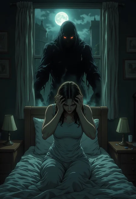 illustration, cartoon, manga, drawing, anime, egmid, 
A terrified woman sits upright in bed, clutching her head with trembling hands, as an oppressive atmosphere fills the dimly lit room. Pale moonlight filters through the window, casting cold shadows on her disheveled sheets. Above her, a menacing, shadowy figure looms, its dark, wispy form blending into the surrounding darkness. Glowing, sinister eyes pierce through the gloom, fixating on the distressed woman with an unsettling intensity. The air around the figure swirls with ethereal tendrils of mist, adding to the eerie, supernatural presence. The scene radiates dread and despair, as the nightmarish apparition engulfs the room, leaving the woman frozen in fear and helplessness.