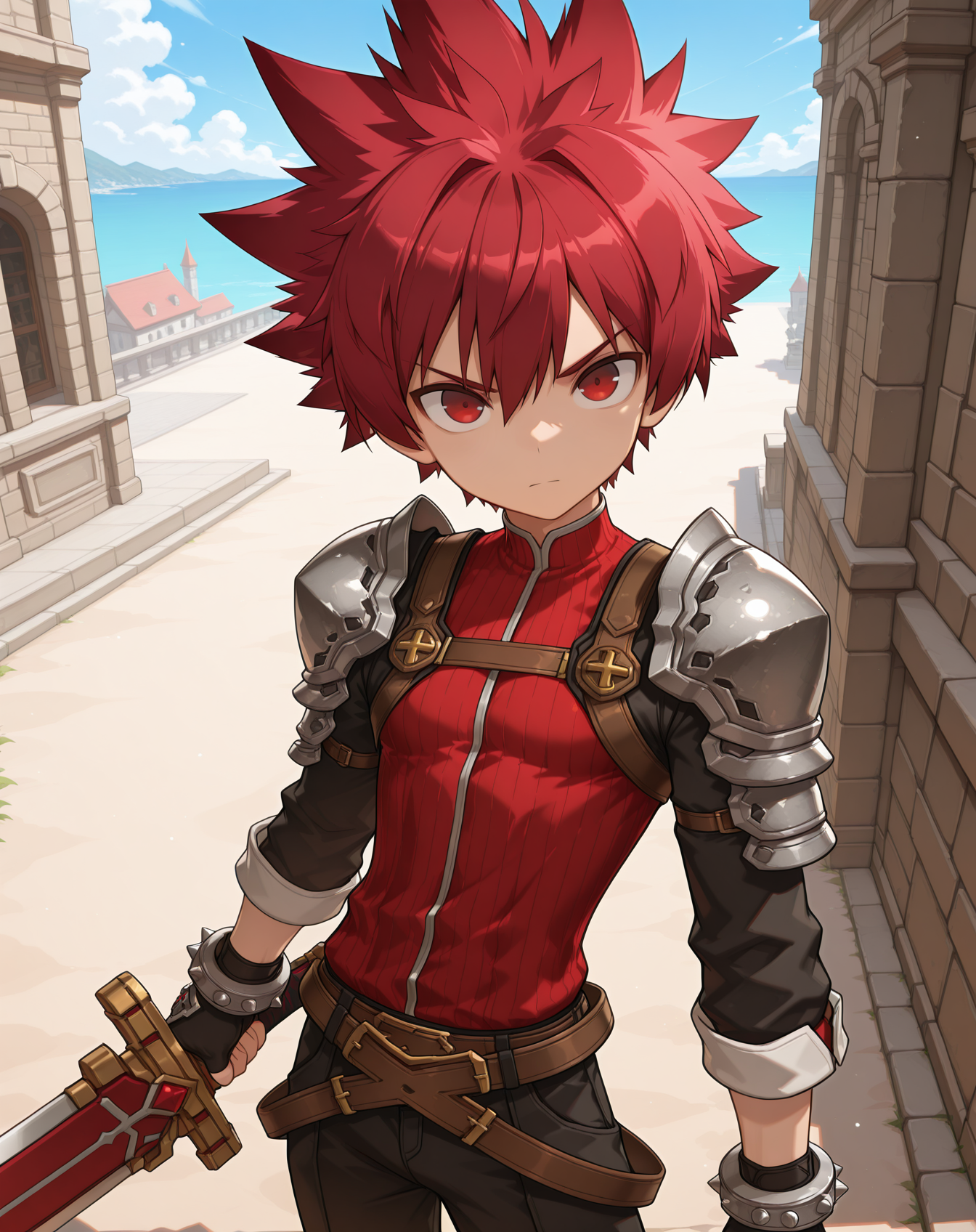 masterpiece, amazing quality, best quality, absurdres, very aesthetic,
1boy, solo, yaoi, male focus, cowboy shot, upper body, looking at viewer, face focus,
<lora:Elsword_Sword_Knight_ilxl:1>  elswordsk, spiked hair, red hair, red eyes,
fingerless gloves, black pants, shoulder armor, belt, black gloves, pauldrons, red shirt, shoes, boots,
holding sword, holding weapon, left-handed, 
outdoors, day, blue sky,