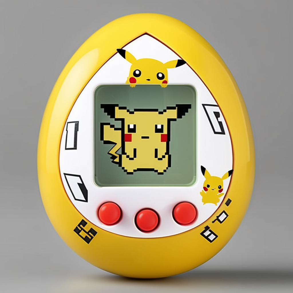 An egg-shaped, virtual pet device is featured with a central screen displaying, a  single color 8bit  pikachu,The screen is encased within an while ring  ., <lora:egg_bit:0.75>
