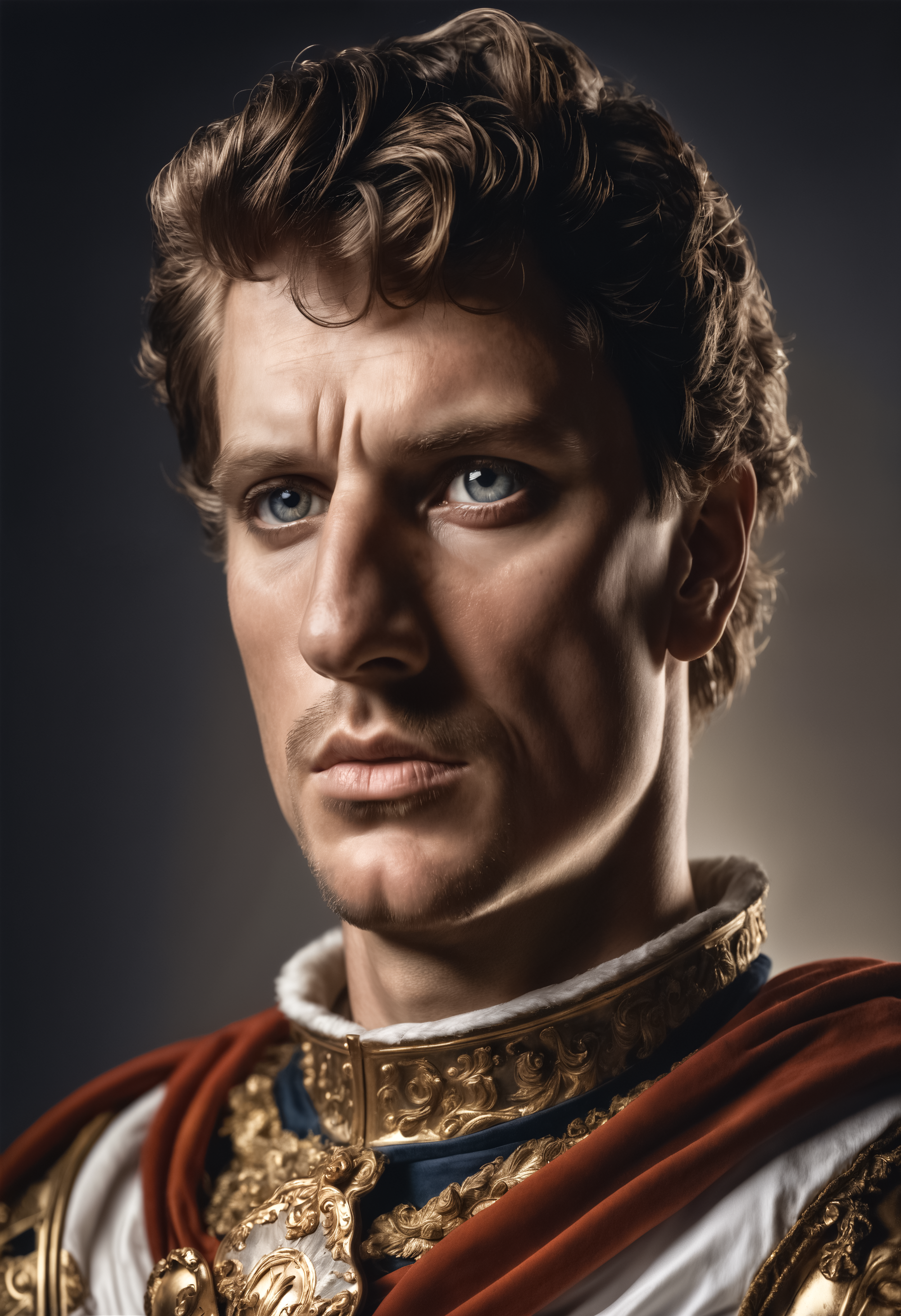 hyperrealistic glamour portrait of roman general, freckles, skin pores, pores, velus hair, macro, extreme details, looking at viewer,