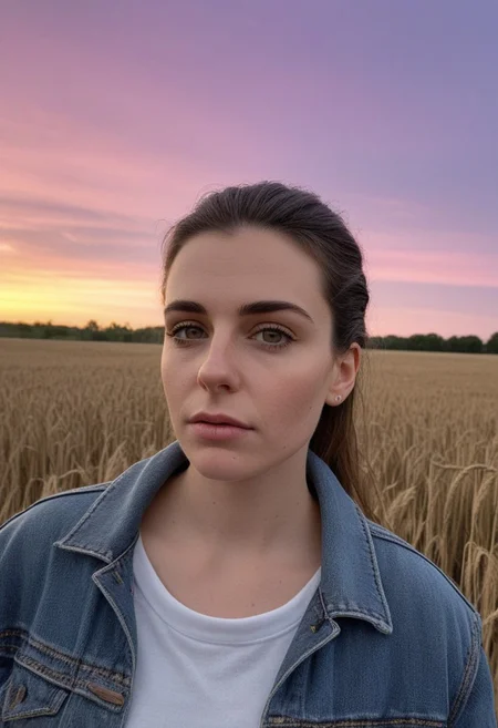 30yo american woman in a wheat field
Small eyes. Brown eyes.
Wearing ripped Denim jacket
no makeup. Clear skin. realistic skin style
Long dark black slick back hair. No makeup. Dusk, Street light. Looking at camera POV. Slight smile, tilting head.. Tilt head. Hands in head, face, lips.
Medium Close Up shot. Bokeh. Bokeh light. Sunset. yellow, purple sky.