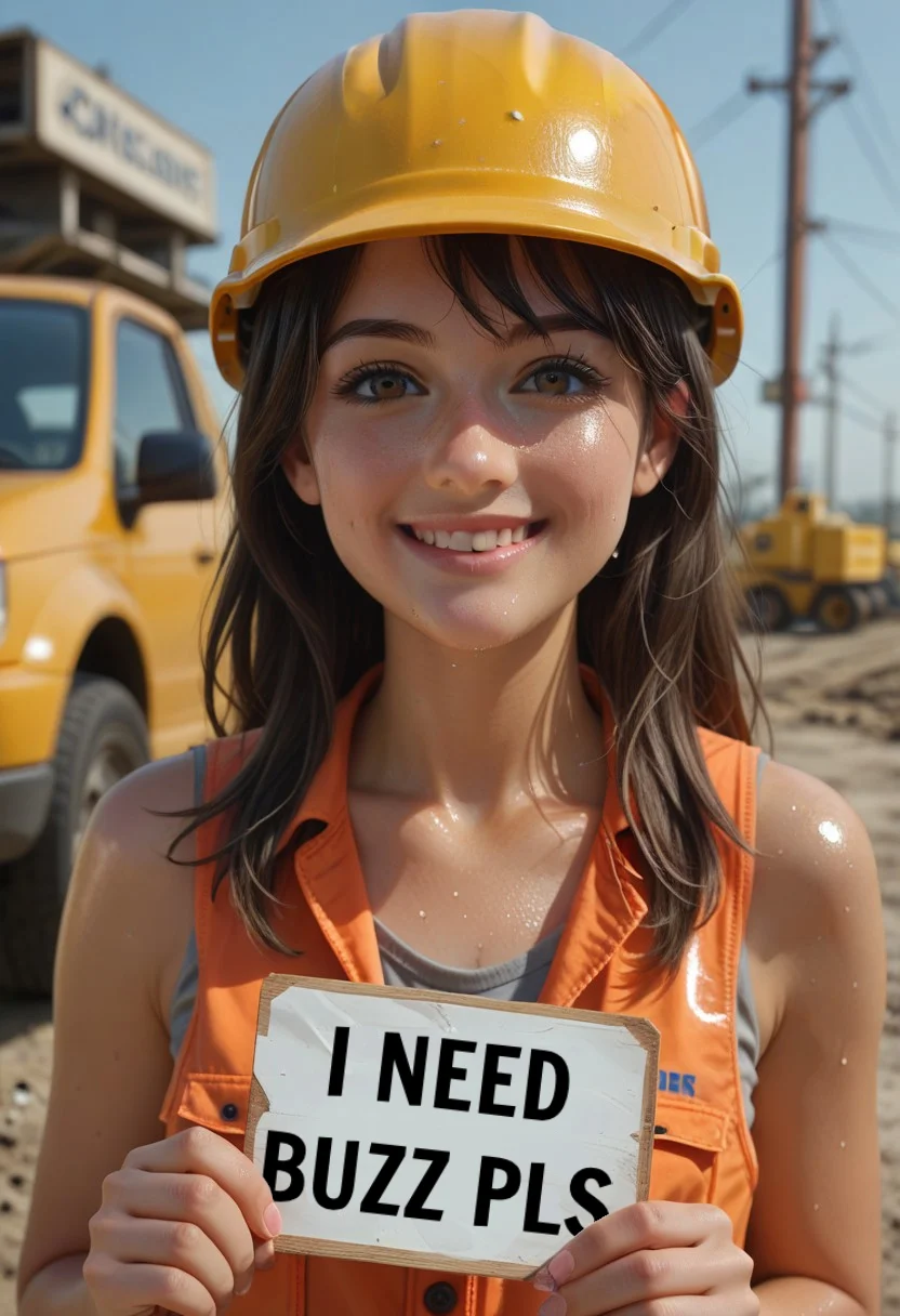 Girl holding a sign with text "i need buzz pls" <lora:buzz-text:1>, score_9, score_8_up, score_7_up, on a construction site black hair, long hair, Hazel eyes, (girl facial expression :( little smile, mouth close, concentrate, starring at viewer)), sweat, shiny skin, construction vest, construction helmet, sleeveless, close-up, depth of field, highly detailed, high contrast, sweaty skin, shiny skin,