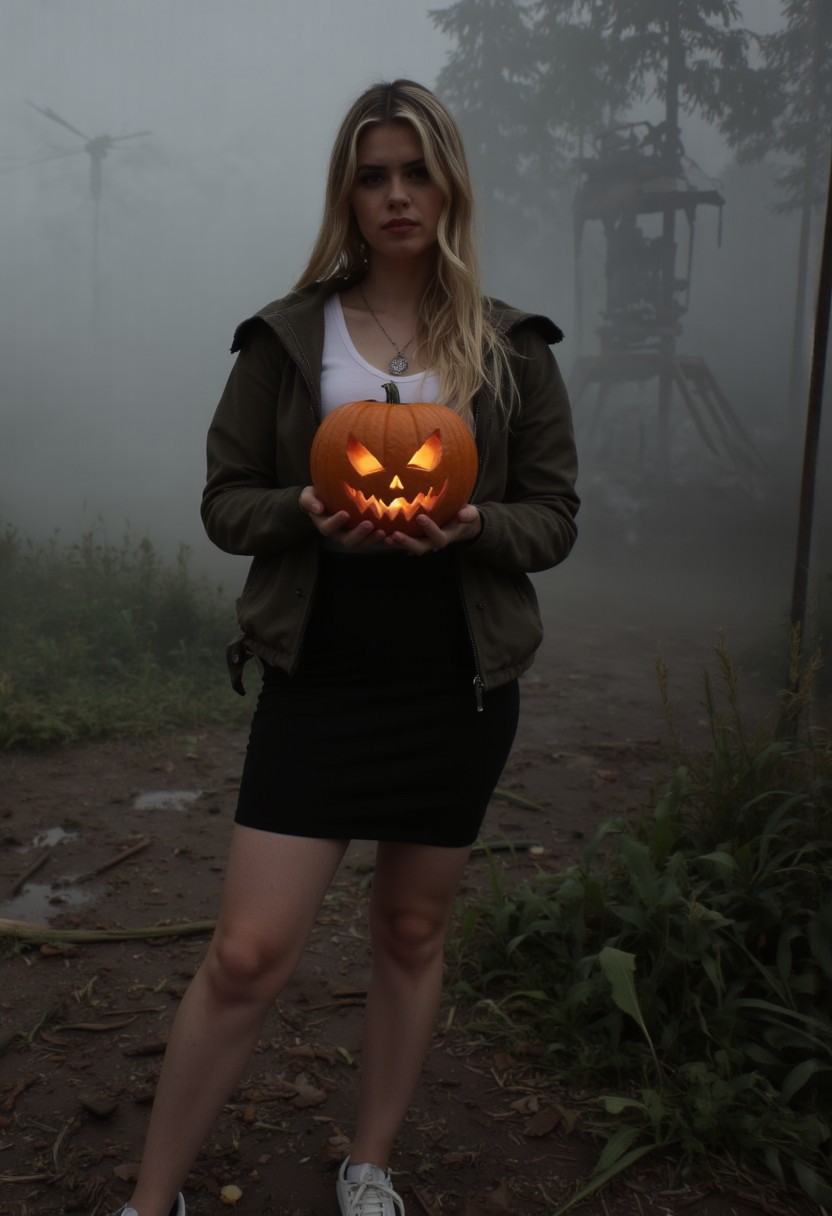 'young woman, 18 yo (european:1.6) girl , grey eyes, slim, small breasts, skinny, thin, petite blonde, grey eyes, long hair, dark eyeliner, natural lip color, white top, jacket, pencil miniskirt, nylon tights, sneakers, seductive pose. Girl standing seductive, holding halloween pumpkin. Pumpkin glowing. The background shows  twisted carnival ride lost in the fog, aidmasilenthill