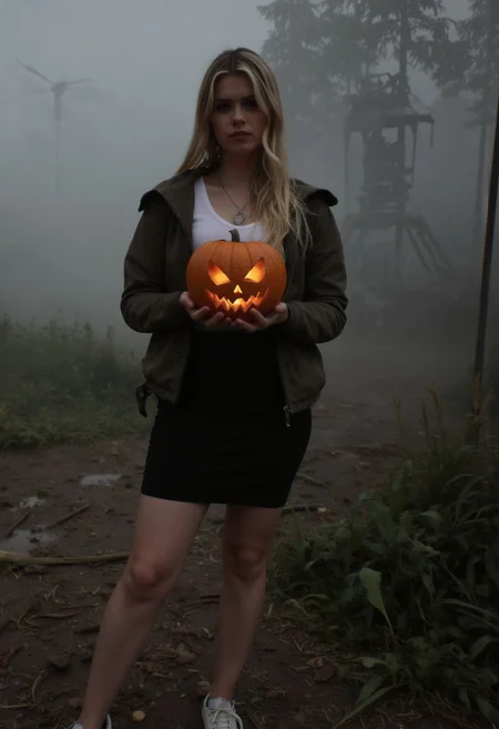 'young woman, 18 yo (european:1.6) girl , grey eyes, slim, small breasts, skinny, thin, petite blonde, grey eyes, long hair, dark eyeliner, natural lip color, white top, jacket, pencil miniskirt, nylon tights, sneakers, seductive pose. Girl standing seductive, holding halloween pumpkin. Pumpkin glowing. The background shows twisted carnival ride lost in the fog, aidmasilenthill