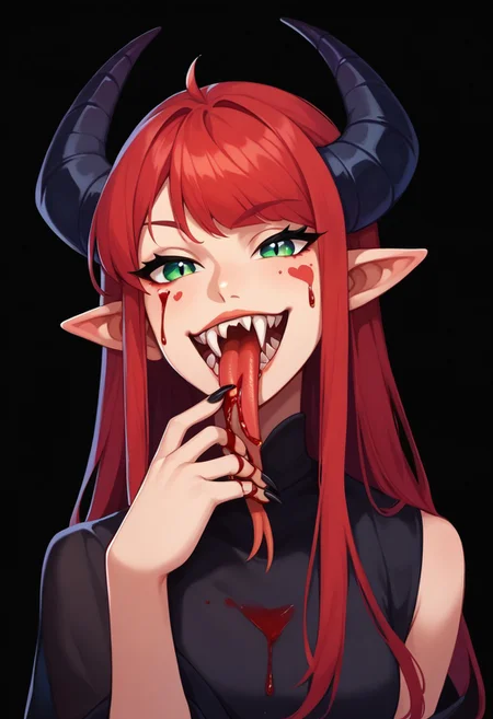 score_9, score_8_up, score_7_up, casual game art style, casual game art, mobile game art, merge 3 game art, character design, mocasas, 1girl, solo, very long hair, red hair, looking at viewer, smug, one eyebrow raised, bangs, green eyes, slit pupils, black horns, open mouth, blood on teeth, fangs, tongue, tongue out, (forked tongue:1.5), fingernails, black nails, blood on hands, blood on face, blood on tongue, dripping blood, long fingernails, sharp fingernails, pointy ears, (single hand up, licking own finger), black regal dress, portrait, simple background, black background