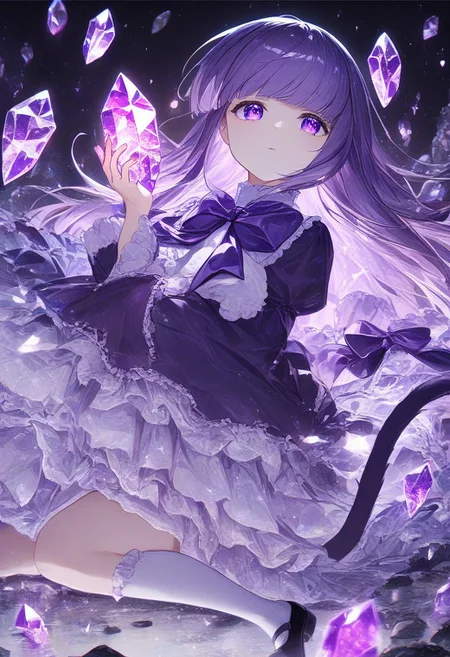 cinematic, (masterpiece), (best quality), (ultra-detailed), very aesthetic, illustration, perfect composition, ultra detailed face, detailed eyes, beautiful eyes, beautiful, frederica bernkastel, purple eyes, purple hair, long hair, purple bow, dress, frills, white kneehighs, kneehighs bow, mary janes, cat tail, tail ornament, emotionless, rocks made of sparkling amethyst crystals, holding sparkling amethyst crystals, black background,reflections of frederica bernkastel in crystals
