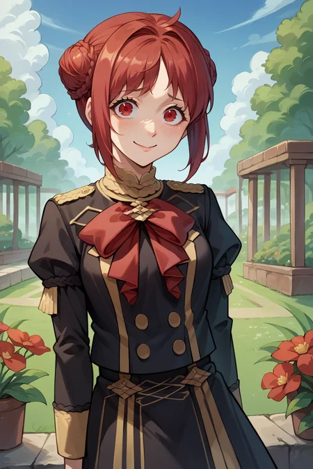 score_9, score_8_up, score_7_up, score_6_up, source_anime BREAK 1girl, solo, <lora:femonica-pdxl-nvwls-v1-000005:1> defMonica, red hair, red eyes, hair bun, braid, black jacket, long sleeves, red bow, black skirt, red leggings, upper body, garden, blue sky, looking at you, nervous, smile