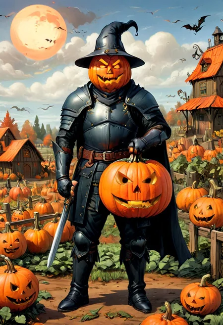 r3mbr4ndt, hyperdetailed, masterpiece, comic book, stylish background, foggy day, cloudy sky, large pumpkin patch, small house in background, overgrown pumpkin patch, lots of pumpking, standing in front of pumpkin patch, (guarding pumpkin patch, one hand towards you, hand out making a halt gesture, hand out), heavy warrior armor, gothic armor, black armor, black leather straps, flowing black cloak, black bevor, black gauntlets, black pauldrons, black cuisses, black greaves, black cuirass, black and red scabbard around waist, sheathed sword with an ornate black hilt, large sword on back, chains, pumpkin brooch, Pumpkinhead, scowling face, frowning, angry, glowing inside pumpkin, scary, horror atmosphere, full body view