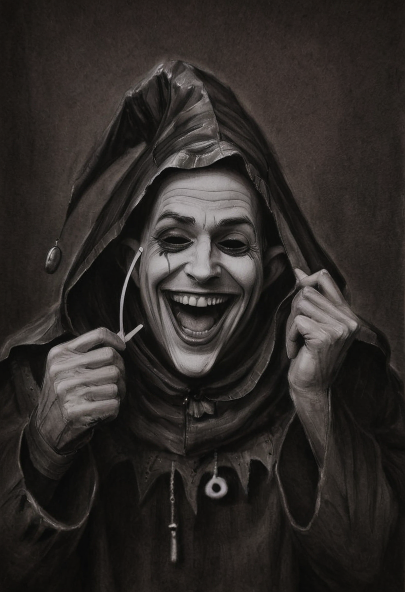 monoxxdr4ws, A dark, monochromatic drawing of a man in a jester's hood, laughing hysterically with one hand covering his face, holding spectacles. Gloomy, surreal, unsettling atmosphere, grotesque details, dramatic lighting, disturbing expression, intricate linework, dark humor, charcoal drawing