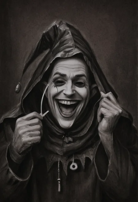 monoxxdr4ws, A dark, monochromatic drawing of a man in a jester's hood, laughing hysterically with one hand covering his face, holding spectacles. Gloomy, surreal, unsettling atmosphere, grotesque details, dramatic lighting, disturbing expression, intricate linework, dark humor, charcoal drawing