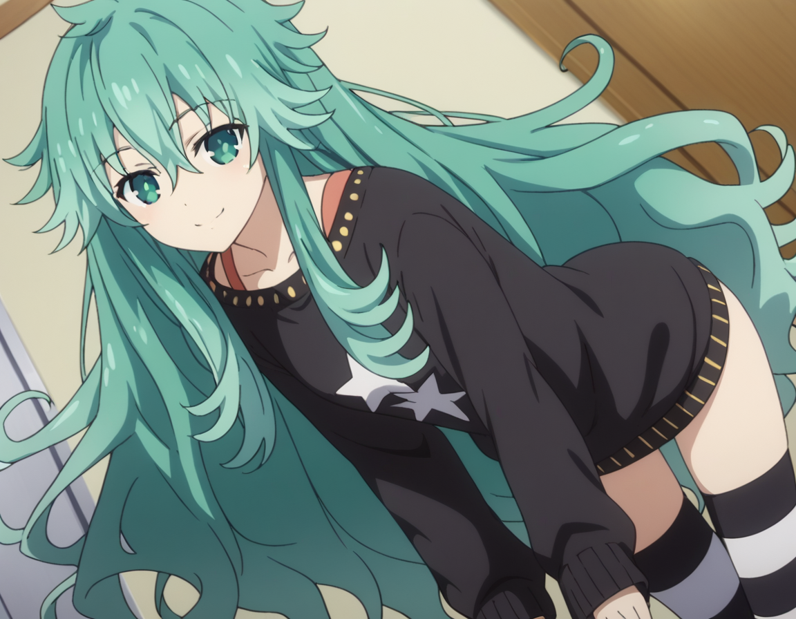 score_9, score_8_up, score_7_up, source_anime,
natsumikyouno,  <lora:natsumi-kyouno-s4s5-ponyxl-lora-nochekaiser:1>,
natsumi kyouno, long hair, very long hair, green hair, aqua hair, green eyes,
thighhighs, long sleeves, striped, star \(symbol\), sweater, striped thighhighs, star print,
indoors, bent over, smile,
looking at viewer, solo, cowboy shot, dutch angle,