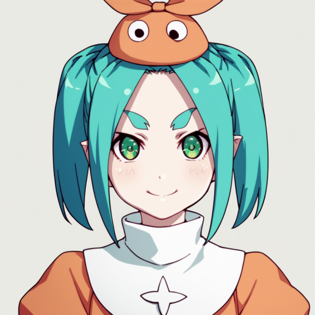 score_9, score_8_up, score_7_up, score_6_up, score_5_up, score_4_up, source_anime, , Yotsugi, short hair, twintails, green eyes, aqua hair, thick eyebrows, orange headwear, yellow footwear, striped pantyhose, rubber boots,  , soft smile, portrait