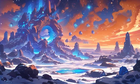 orange sky, solo, snow, rocky spires, horizon, starry sky, subterranean, holding a staff, rock formation, blue glow from depths, chair, city in the sky, rocks <lora:Space_Operetta_Neo_-_Pony_Edition-000007:1>