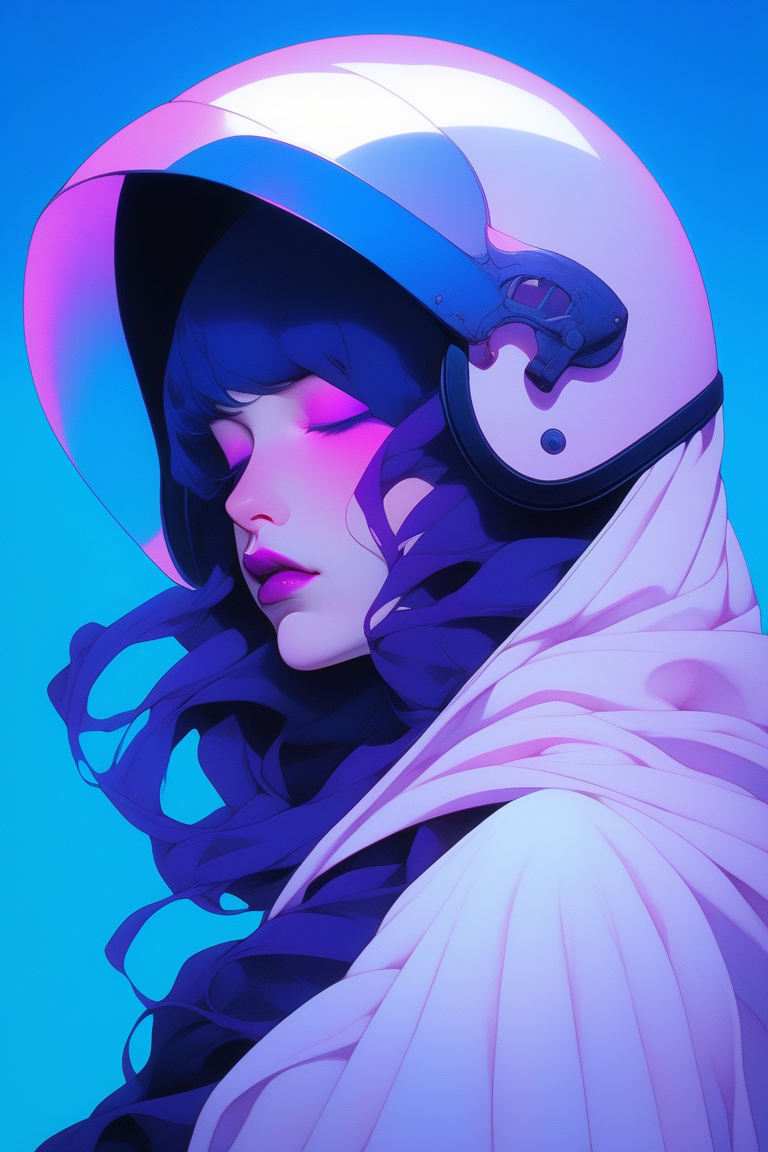 minimalism style,anime ,(1girl ),portrait,lip, hood,-material- helmet, fluorescent blue gradient background, deep purple hair,Loose waves hair, Troy Brooks,Hellenistic , (masterpiece,best quality,niji style)