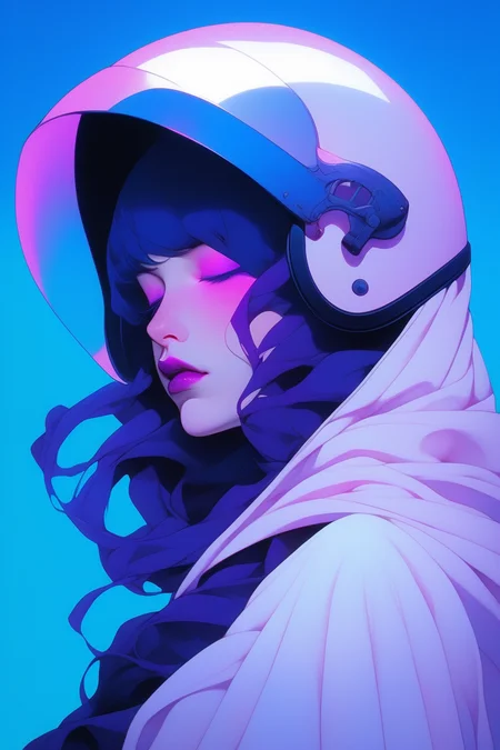 minimalism style,anime ,(1girl ),portrait,lip, hood,-material- helmet, fluorescent blue gradient background, deep purple hair,Loose waves hair, Troy Brooks,Hellenistic , (masterpiece,best quality,niji style)