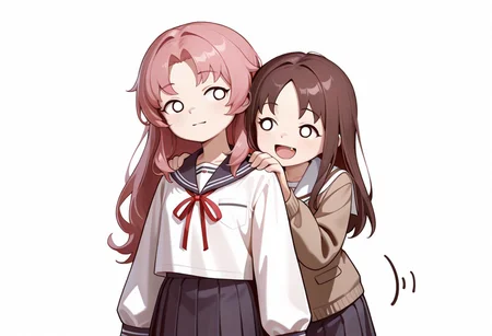 lazypos, girl focus, multiple girls, 2girls, school uniform, brown hair, fang, long hair, skirt, white background, long sleeves, simple background, pink hair, neck ribbon, open mouth, solid circle eyes, o_o, :d, smile, shirt, behind another, pleated skirt, serafuku, motion lines, parted bangs, jacket, closed mouth, ribbon, looking at another, hands on another's shoulders, arms at sides, AkiFnStyle