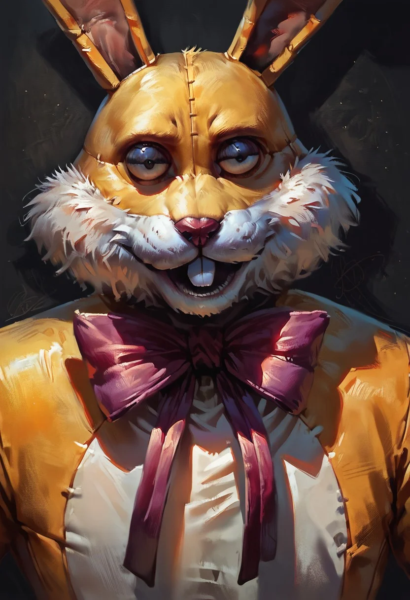 score_9, score_8_up, score_7_up, (luckytherabbit), source_furry, close-up, solo, (yellow fur, rabbit costume), (masterpiece, best quality:1.2), (perfect hands, perfect anatomy), (detailed face, detailed body), detailed background, purple bow, black eyes, beautiful eyes, male, correct eyes, solo, black background, concept art, realistic