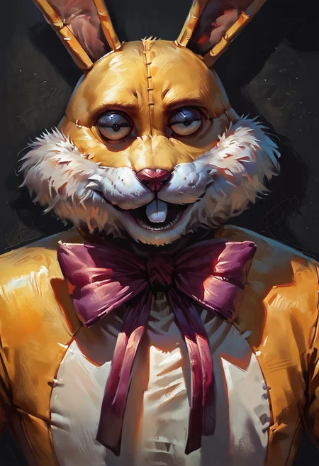 score_9, score_8_up, score_7_up, (luckytherabbit), source_furry, close-up, solo, (yellow fur, rabbit costume), (masterpiece, best quality:1.2), (perfect hands, perfect anatomy), (detailed face, detailed body), detailed background, purple bow, black eyes, beautiful eyes, male, correct eyes, solo, black background, concept art, realistic
