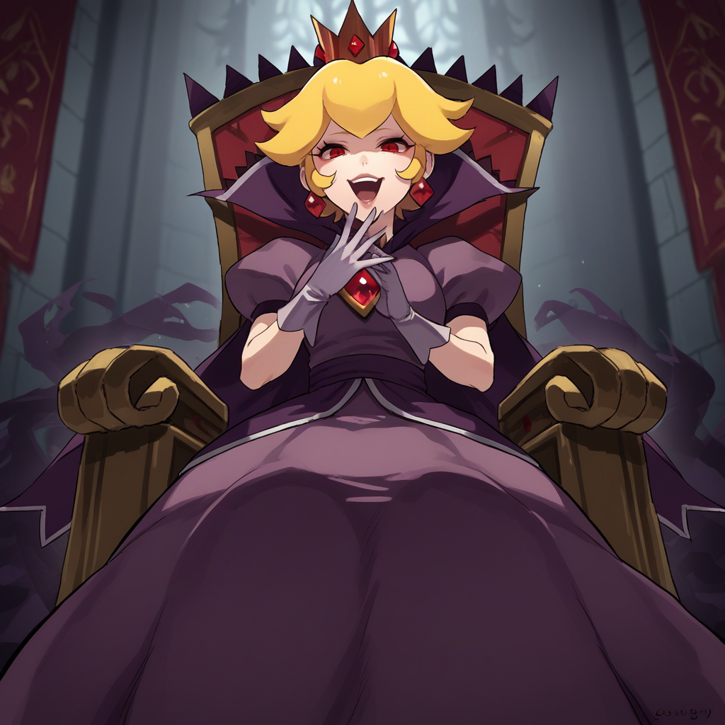 score_9, score_8_up, score_7_up, score_6_up, score_5_up, score_4_up, zPDXL2,source_anime,rating_questionable,  <lora:Shadow_Queen_Peach:0.8> sh4dp3ach, princess peach, blonde hair, short hair,red eyes, low angle, purple dress, puffy short sleeves, white gloves, cape, crown, jewelry, red eyes, shadowy hands, throne, laughing, evil laugh, legs crossed, lounging,