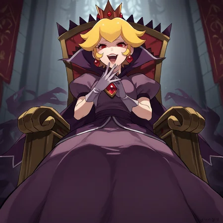 score_9, score_8_up, score_7_up, score_6_up, score_5_up, score_4_up, zPDXL2,source_anime,rating_questionable, <lora:Shadow_Queen_Peach:0.8> sh4dp3ach, princess peach, blonde hair, short hair,red eyes, low angle, purple dress, puffy short sleeves, white gloves, cape, crown, jewelry, red eyes, shadowy hands, throne, laughing, evil laugh, legs crossed, lounging,